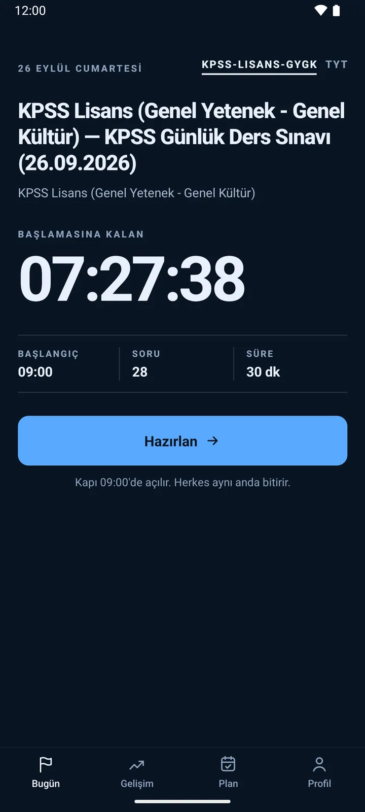 Kulvar — Bugün — sınav geri sayımı