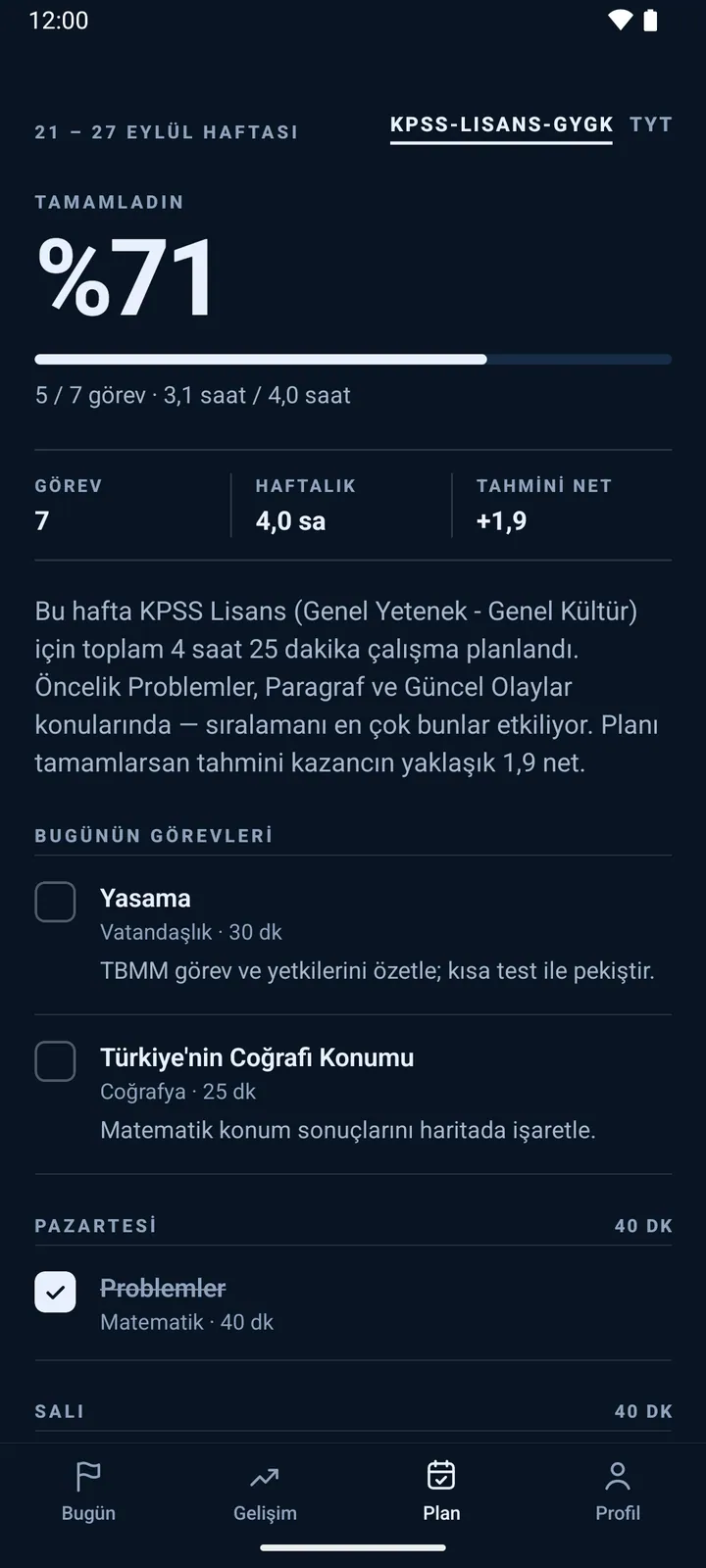 Kulvar — Haftalık plan